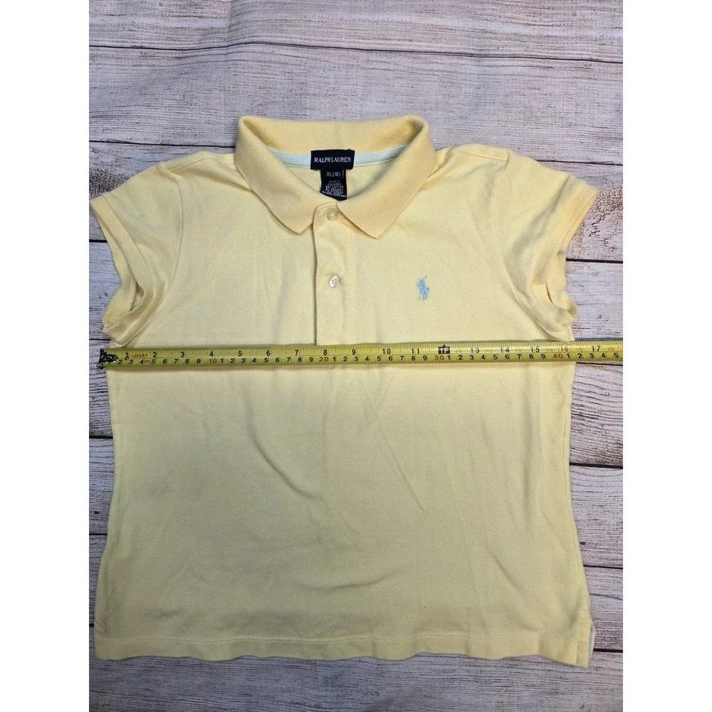 Ralph Lauren Girl's Polo Shirt Size XL Cap Sleeve Yellow Logo Light Blue Pony